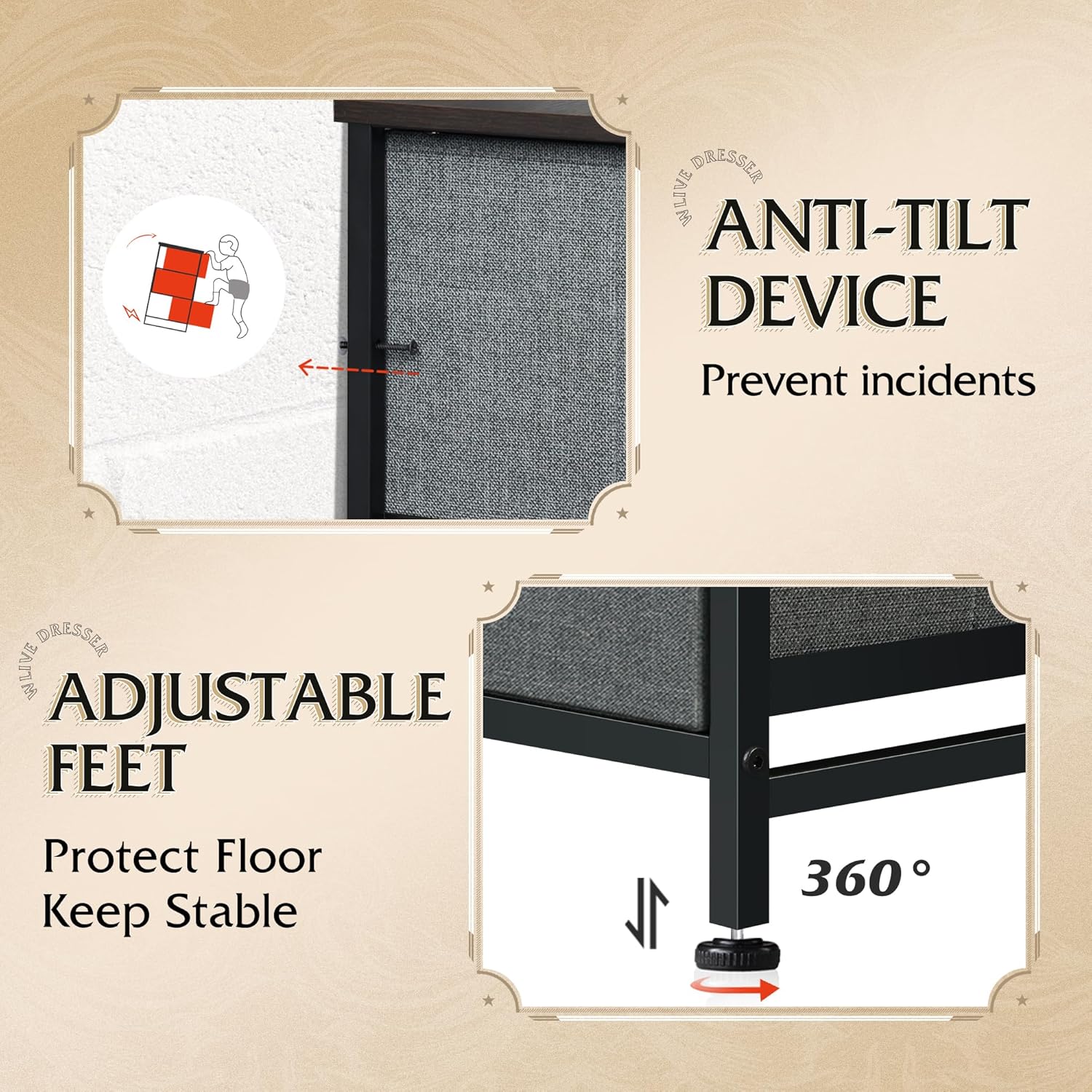 ACCVER 10-Drawer Fabric Dresser with Wood Top & Metal Frame, Closet and Chest for Bedroom, Clothes Storage Organizer, for Living Room, Apartment,Grey