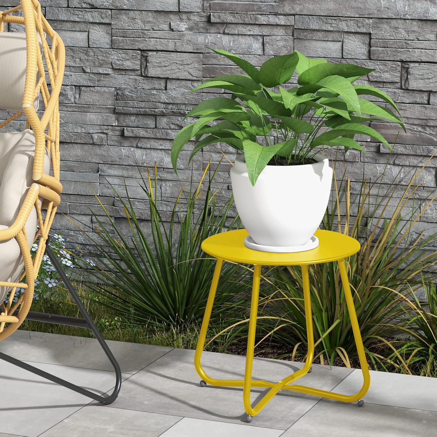 ACCVER Outdoor Side Table, 18-inch Small Round Side Snack Table with Adjustable Feet, Anti-Rust Metal End Accent Table for Patio Porch Balcony, Yellow