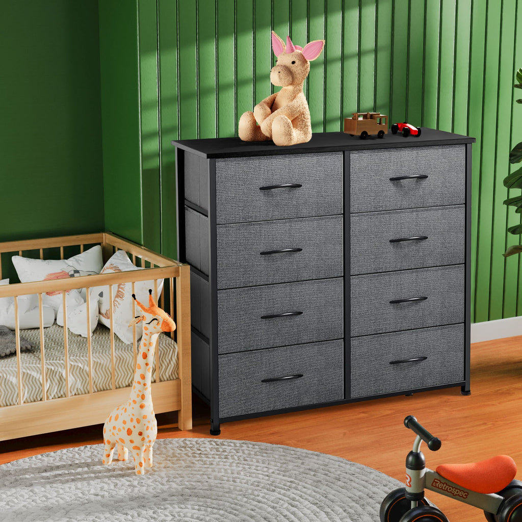 LIFERECORD 8 Drawers Dresser, Fabric Closet Chests Storage Organizer Tower with Wooden Top Metal Frame for Bedroom Living Room Hallway Entryway, Grey
