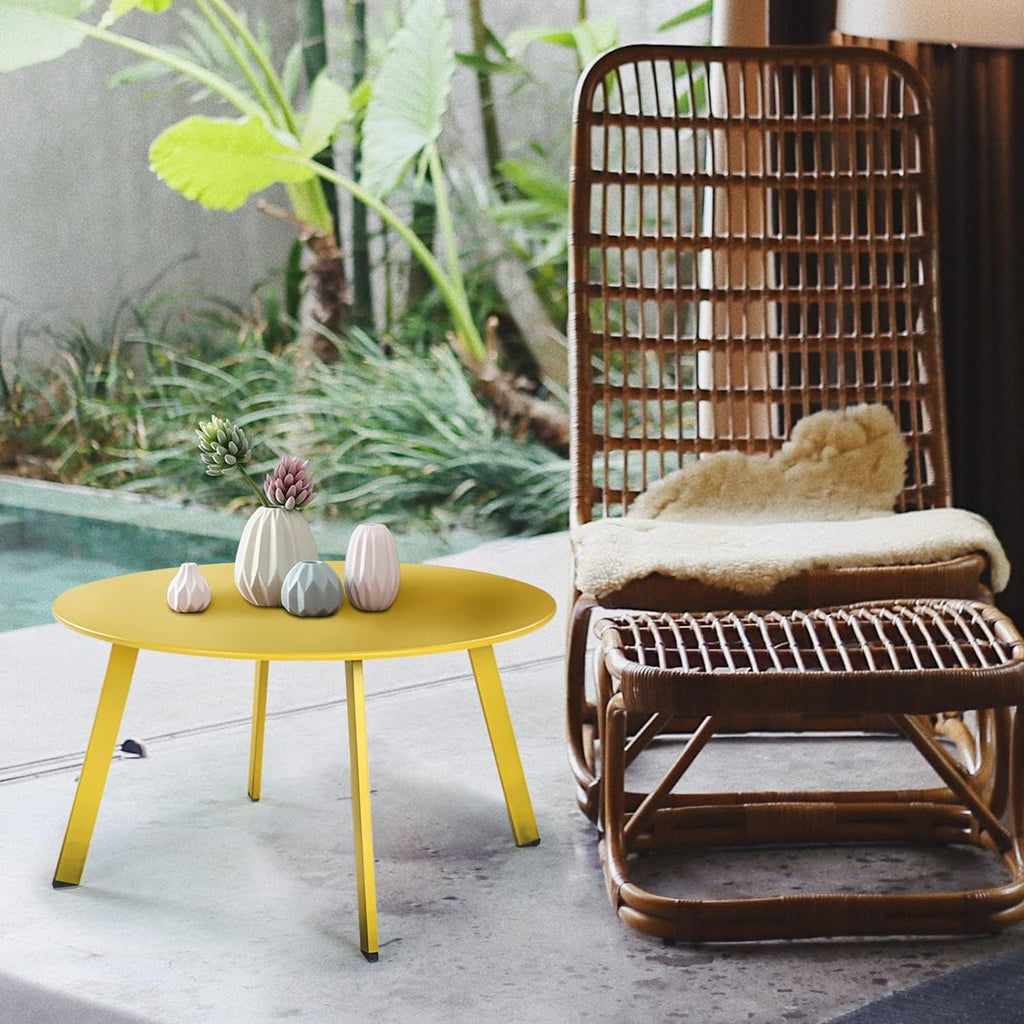 ACCVER 28 Inch Round Outdoor Coffee Table - Weatherproof Steel Patio Side Table for Deck, Backyard Outdoor & Indoor Use, Yellow