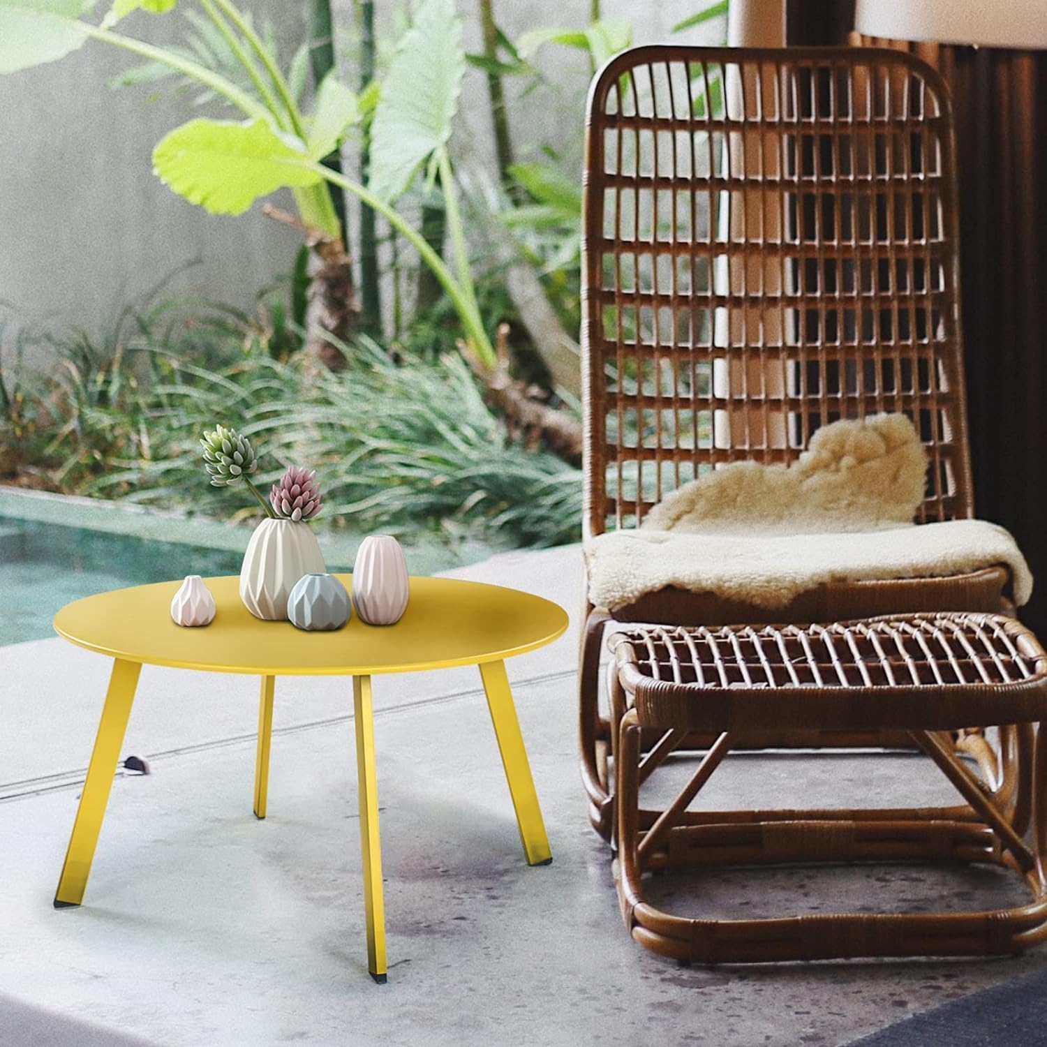 ACCVER 28 Inch Round Outdoor Coffee Table - Weatherproof Steel Patio Side Table for Deck, Backyard Outdoor & Indoor Use, Yellow