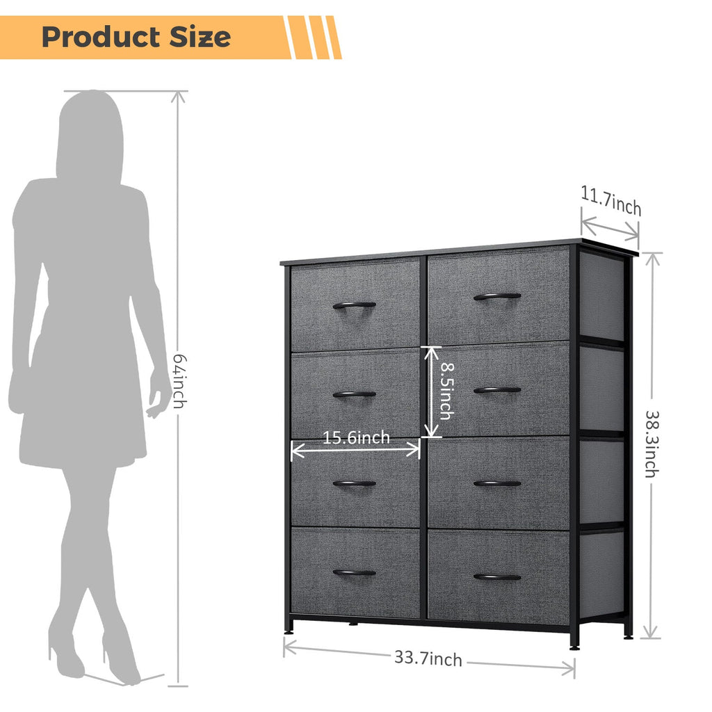 LIFERECORD 8 Drawers Dresser, Fabric Closet Chests Storage Organizer Tower with Wooden Top Metal Frame for Bedroom Living Room Hallway Entryway, Grey