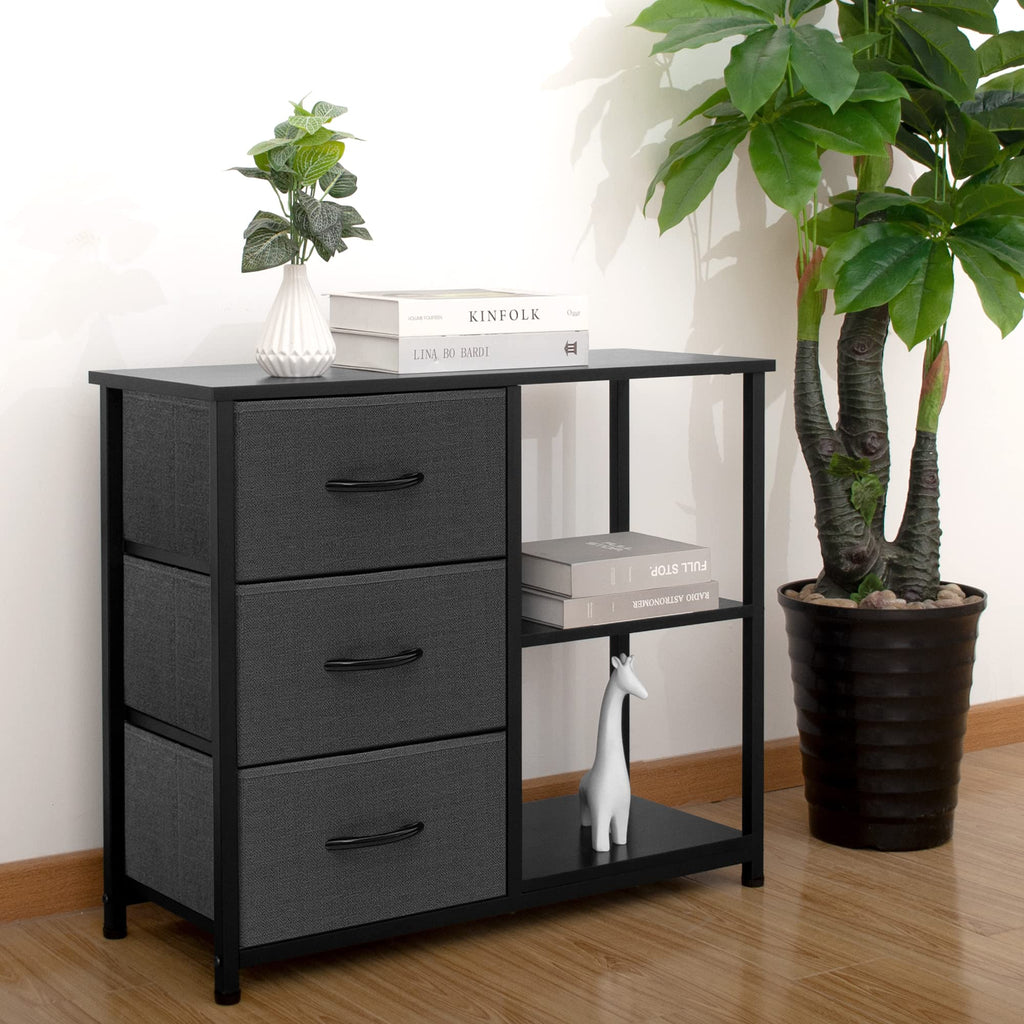ACCVER 3-Drawer Fabric Dresser with Shelves, Closet and Chest for Bedroom, Clothes Storage Organizer, for Living Room, Apartment, Dark Grey