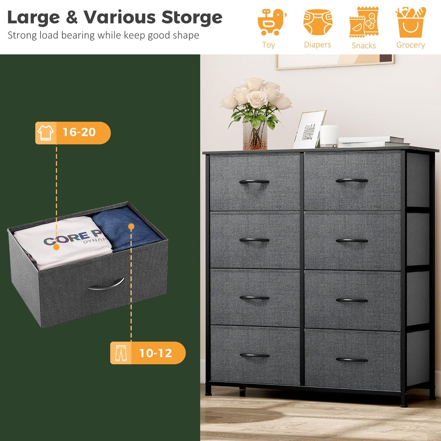 LIFERECORD 8 Drawers Dresser, Fabric Closet Chests Storage Organizer Tower with Wooden Top Metal Frame for Bedroom Living Room Hallway Entryway, Grey