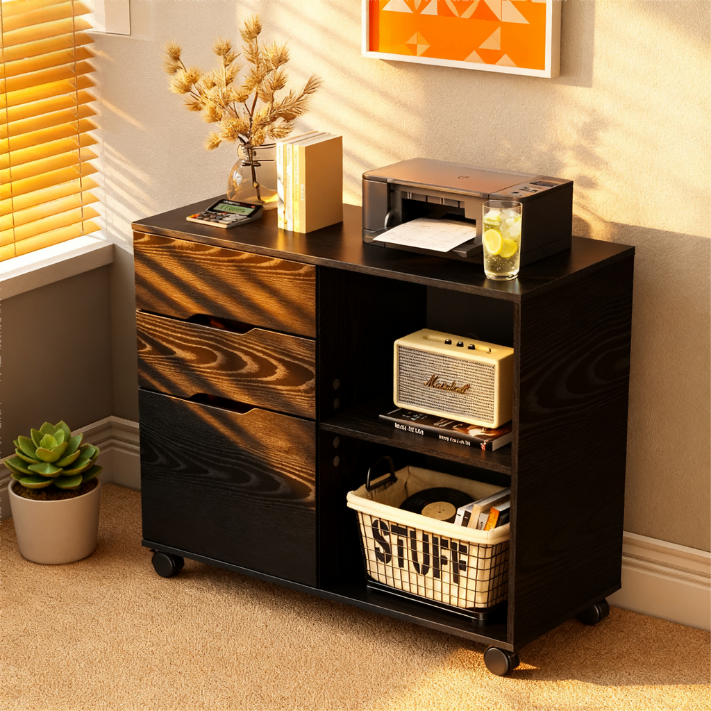 LIFERECORD 3-Drawer Lateral File Cabinet with Wheels, Mobile Rolling File Cabinet with Adjustable Shelf, Printer Stand for Home Office, Under Desk Storage Organizer, Wood Filing Cabinet Black