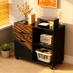 LIFERECORD 3-Drawer Lateral File Cabinet with Wheels, Mobile Rolling File Cabinet with Adjustable Shelf, Printer Stand for Home Office, Under Desk Storage Organizer, Wood Filing Cabinet Black