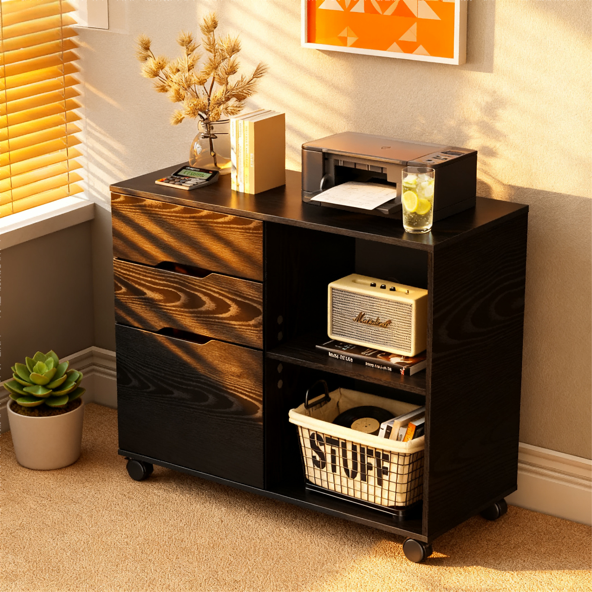 LIFERECORD 3-Drawer Lateral File Cabinet with Wheels, Mobile Rolling File Cabinet with Adjustable Shelf, Printer Stand for Home Office, Under Desk Storage Organizer, Wood Filing Cabinet Black