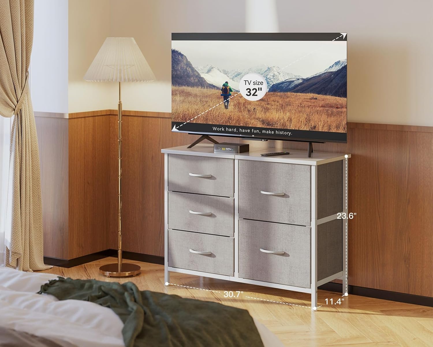 ACCVER 5-Drawer Fabric Dresser with Wood Top & Metal Frame, Closet and Chest for Bedroom, Clothes Storage Organizer, for Living Room, Apartment,Grey