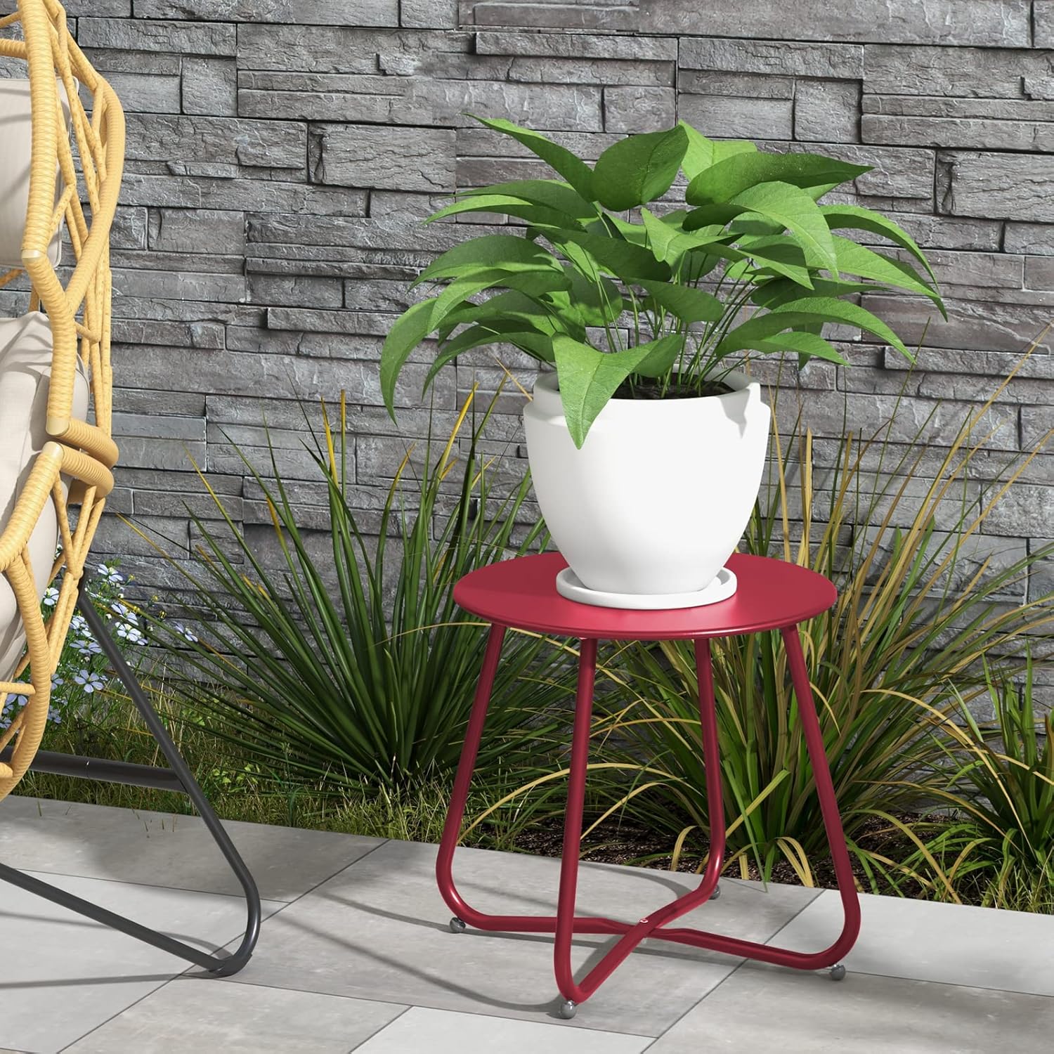 ACCVER Outdoor Side Table, 18-inch Small Round Side Snack Table with Adjustable Feet, Anti-Rust Metal End Accent Table for Patio Porch Balcony, Red