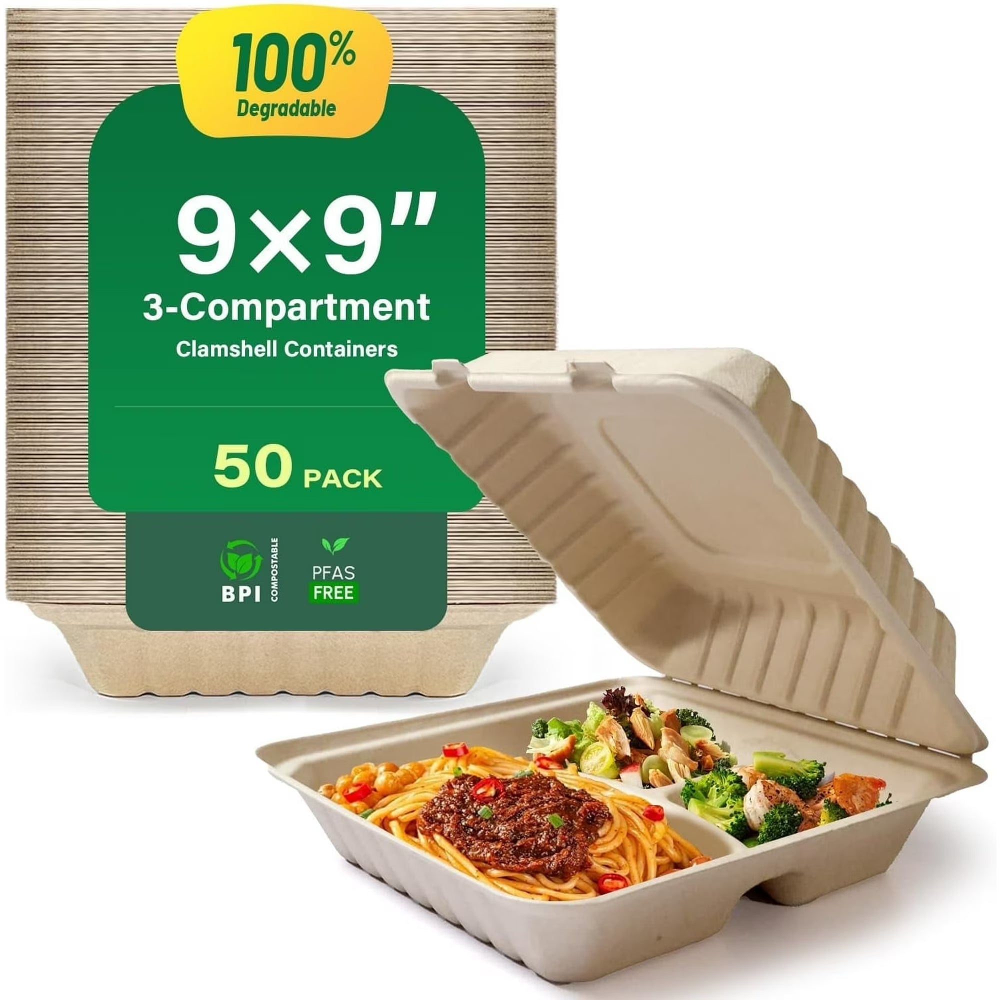 Airdown Compostable Clamshell Food Containers for Takeout - Heavy-Duty Quality. Made from Natural Sugar Cane Fibers, Eco-Friendly & Biodegradable