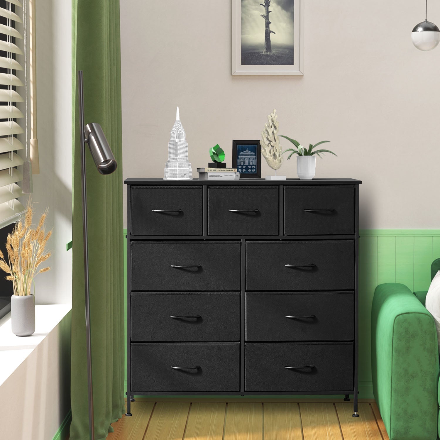 ACCVER 9-Drawer Fabric Dresser with Wood Top & Metal Frame, Closet and Chest for Bedroom, Clothes Storage Organizer, for Living Room, Apartment,Black