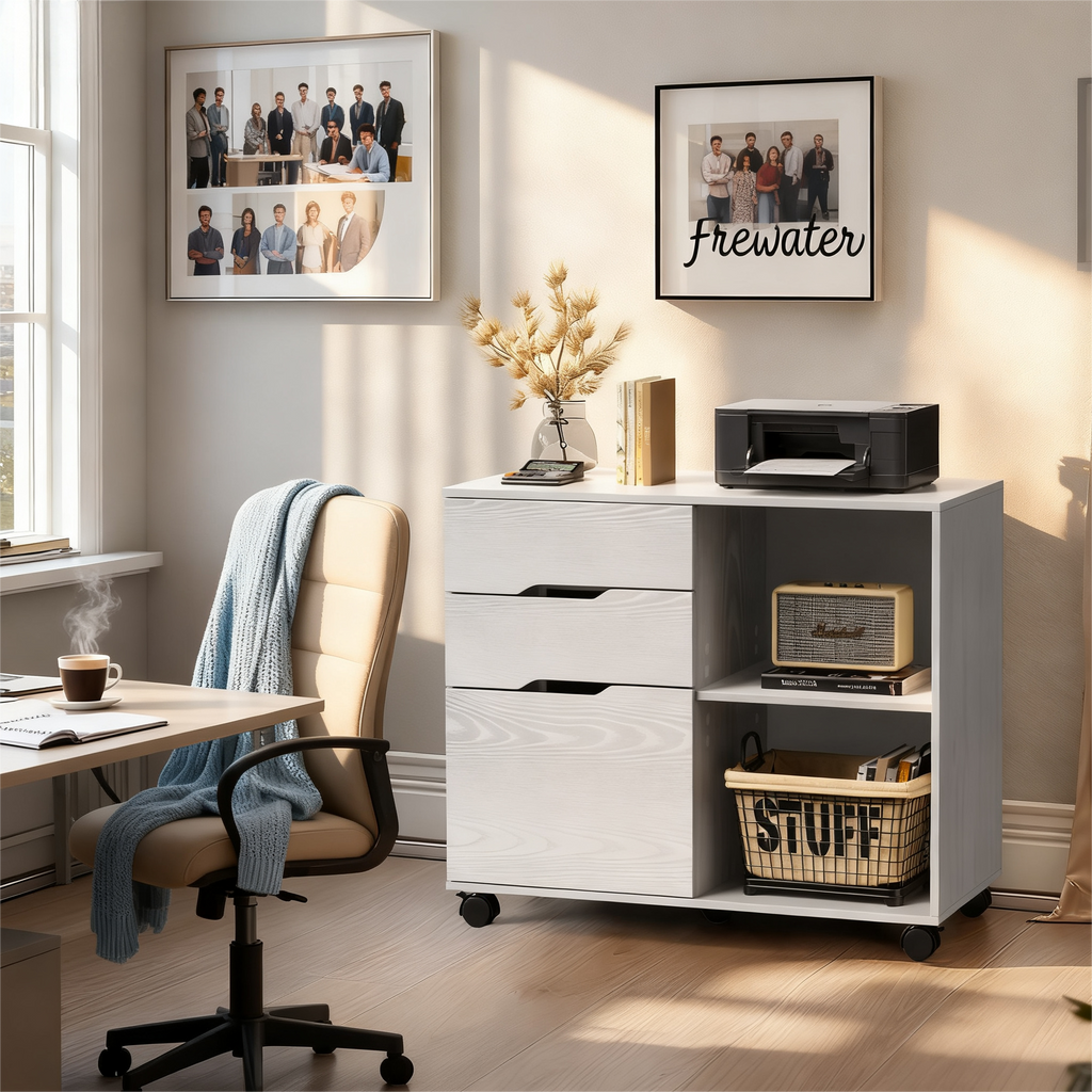 LIFERECORD 3-Drawer Lateral File Cabinet with Wheels, Mobile Rolling File Cabinet with Adjustable Shelf, Printer Stand for Home Office, Under Desk Storage Organizer, Wood Filing Cabinet White