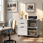 LIFERECORD 3-Drawer Lateral File Cabinet with Wheels, Mobile Rolling File Cabinet with Adjustable Shelf, Printer Stand for Home Office, Under Desk Storage Organizer, Wood Filing Cabinet White