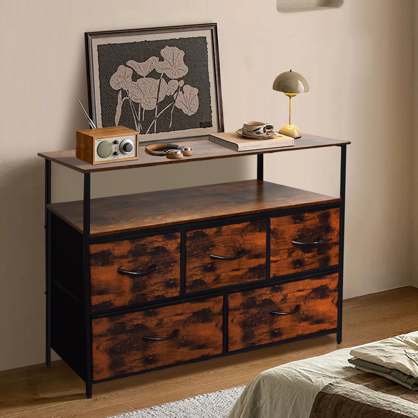 ACCVER 5-Drawer Dresser with Shelves, TV Stand with Fabric Drawers for Living Room, Closet and Chest for Bedroom & Apartment, Clothes Storage Organizer, Brown