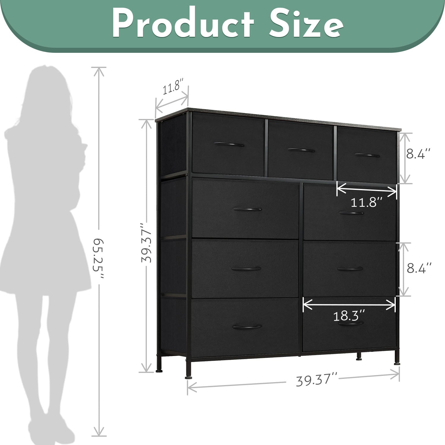 ACCVER 9-Drawer Fabric Dresser with Wood Top & Metal Frame, Closet and Chest for Bedroom, Clothes Storage Organizer, for Living Room, Apartment,Black