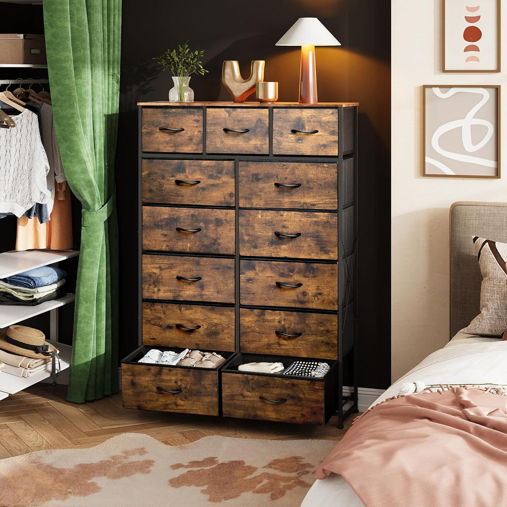 ACCVER 13-Drawer Fabric Dresser with Wood Top & Metal Frame, Closet and Chest for Bedroom, Clothes Storage Organizer, for Living Room, Apartment,Brown