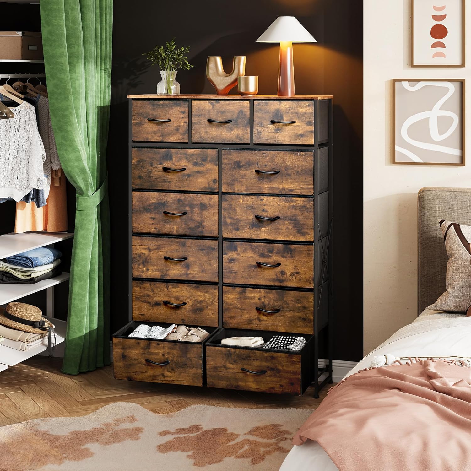 ACCVER 13-Drawer Fabric Dresser with Wood Top & Metal Frame, Closet and Chest for Bedroom, Clothes Storage Organizer, for Living Room, Apartment,Brown