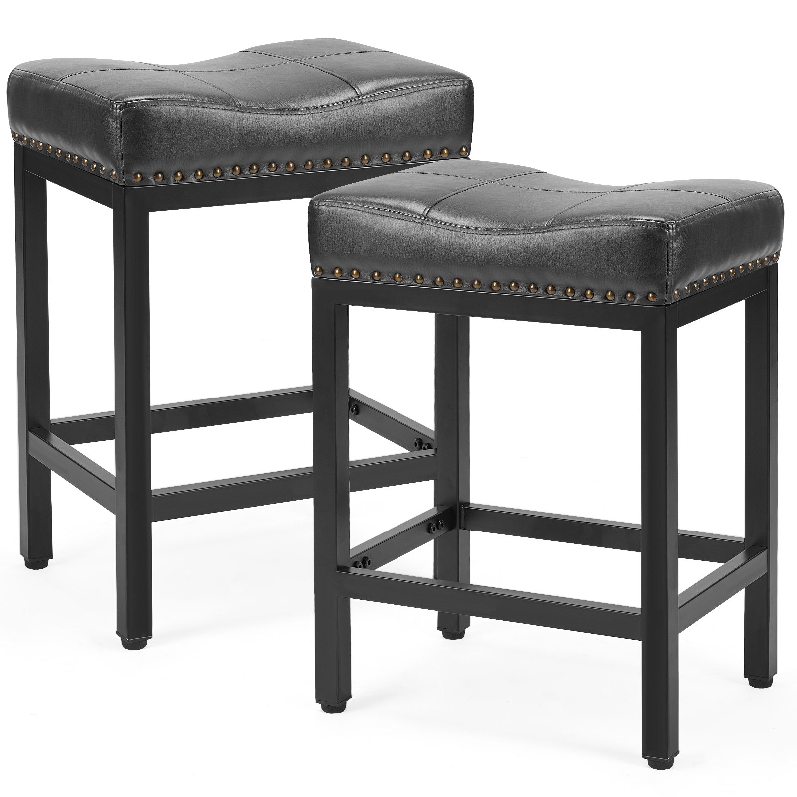 LIFERECORD Saddle Stools Set of 2, Ergonomic Counter Height 24 Inch Bar Stools with Thick Seats and Metal Frame, for Kitchen, Bar, Dining Room, Cafe, Black