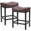 LIFERECORD Saddle Stools Set of 2, Ergonomic Counter Height 24 Inch Bar Stools with Thick Seats and Metal Frame, for Kitchen, Bar, Dining Room, Cafe, Brown