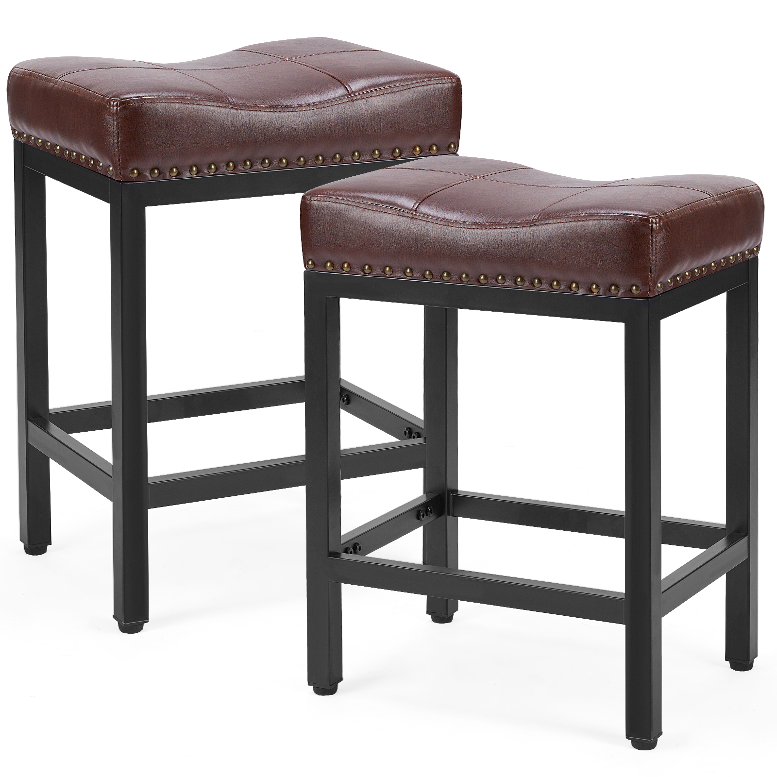 LIFERECORD Saddle Stools Set of 2, Ergonomic Counter Height 24 Inch Bar Stools with Thick Seats and Metal Frame, for Kitchen, Bar, Dining Room, Cafe, Brown