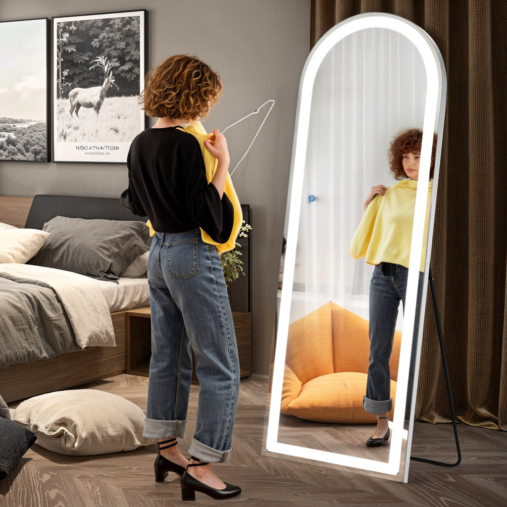 ACCVER 21"x64" Full Length Standing Mirror w/LED Lights - 3 Color Modes, Durable Aluminum Frame & Tempered Glass, Lean-to or Wall Mount for Bedroom/Dressing Room/Living Room, Arched