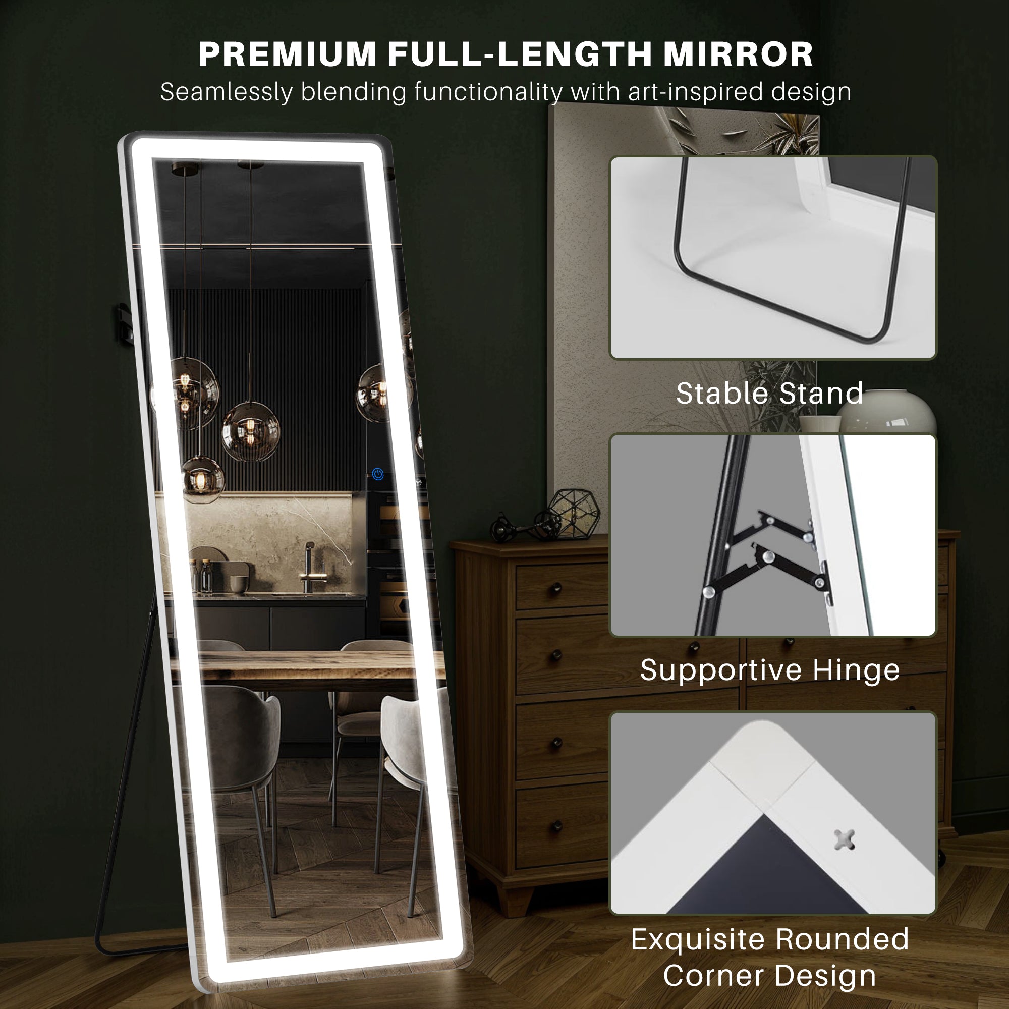 ACCVER 16"x60" Full Length Standing Mirror w/LED Lights - 3 Color Modes, Durable Aluminum Frame & Tempered Glass, Lean-to or Wall Mount for Bedroom/Dressing Room/Living Room, Rectangle