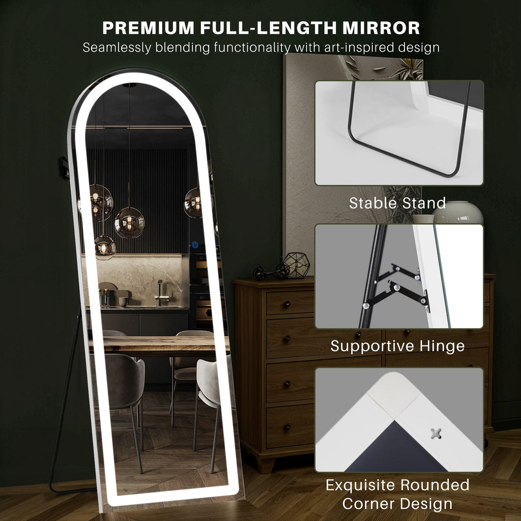 ACCVER 21"x64" Full Length Standing Mirror w/LED Lights - 3 Color Modes, Durable Aluminum Frame & Tempered Glass, Lean-to or Wall Mount for Bedroom/Dressing Room/Living Room, Arched