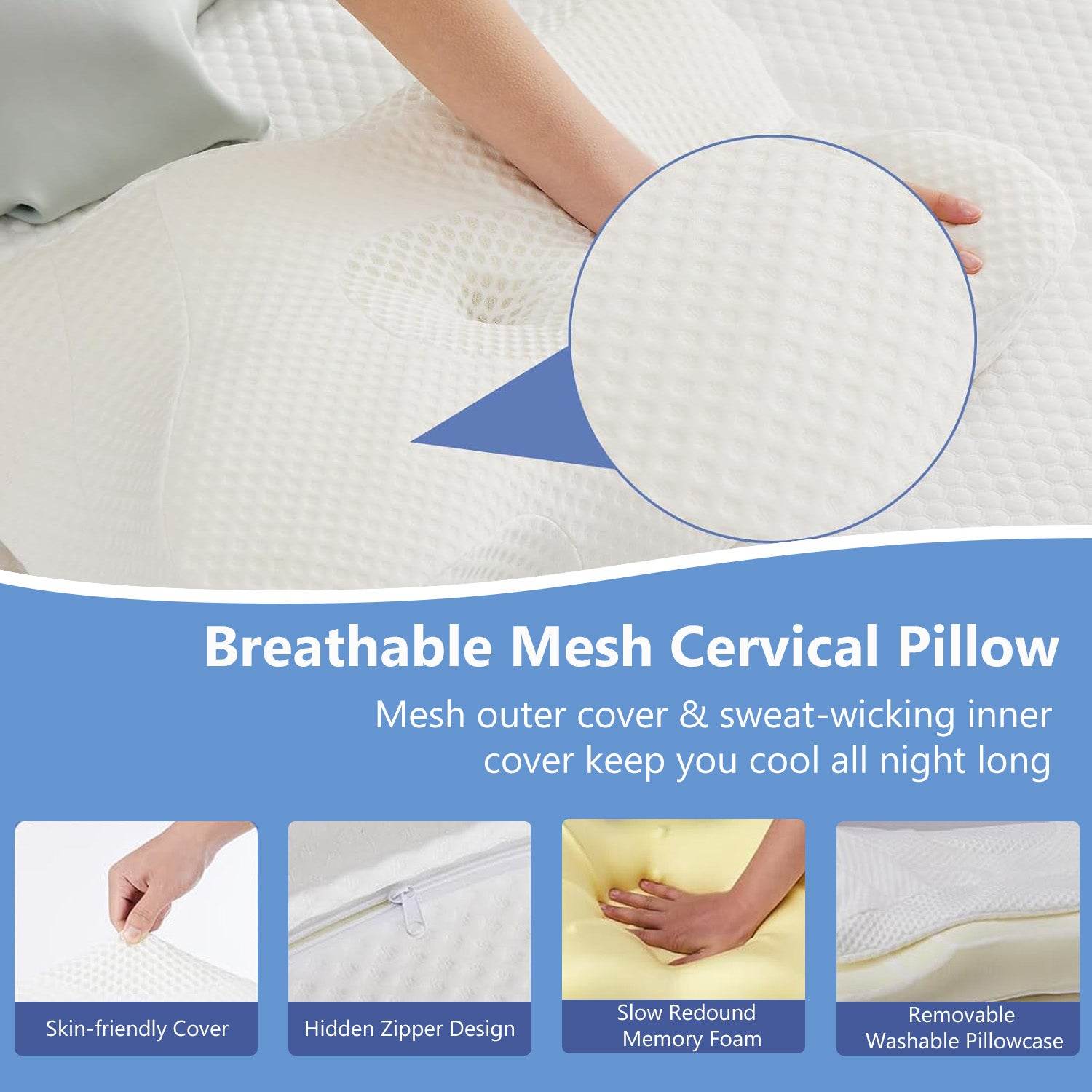 Cervical Pillow with Contoured Memory Foam Cover for Side and Stomach Sleepers