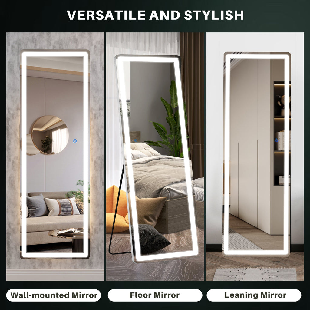 ACCVER 21"x64" Full Length Standing Mirror w/LED Lights - 3 Color Modes, Durable Aluminum Frame & Tempered Glass, Lean-to or Wall Mount for Bedroom/Dressing Room/Living Room, Rectangle