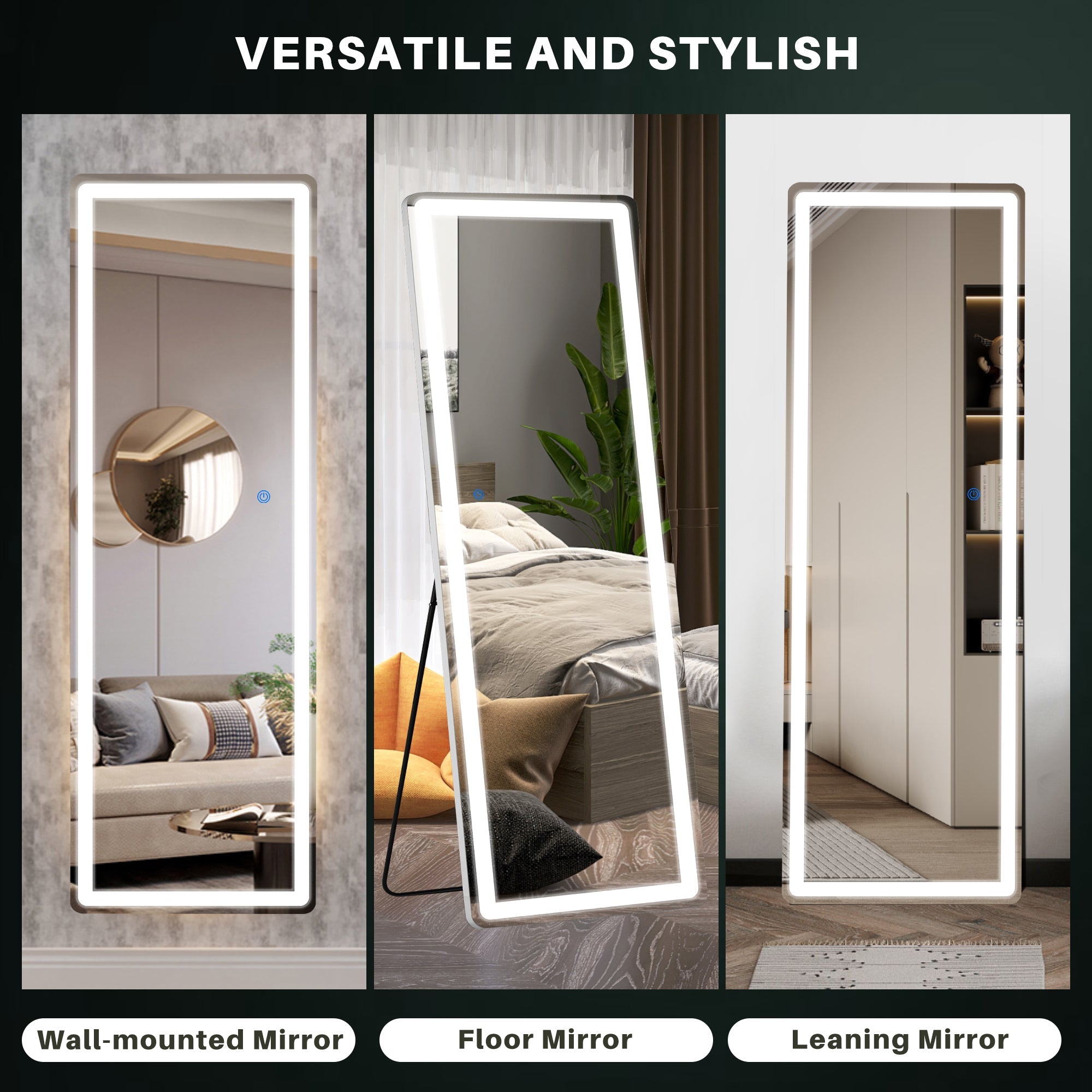 ACCVER 16"x60" Full Length Standing Mirror w/LED Lights - 3 Color Modes, Durable Aluminum Frame & Tempered Glass, Lean-to or Wall Mount for Bedroom/Dressing Room/Living Room, Rectangle