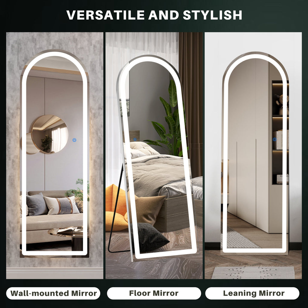 ACCVER 16"x60" Full Length Standing Mirror w/LED Lights - 3 Color Modes, Durable Aluminum Frame & Tempered Glass, Lean-to or Wall Mount for Bedroom/Dressing Room/Living Room, Arched