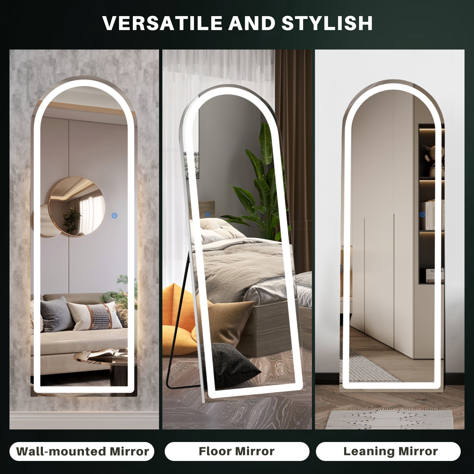 ACCVER 21"x64" Full Length Standing Mirror w/LED Lights - 3 Color Modes, Durable Aluminum Frame & Tempered Glass, Lean-to or Wall Mount for Bedroom/Dressing Room/Living Room, Arched