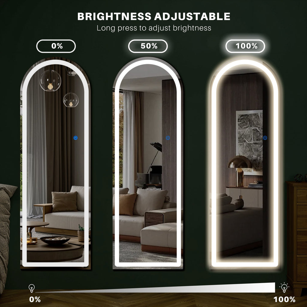 ACCVER 16"x60" Full Length Standing Mirror w/LED Lights - 3 Color Modes, Durable Aluminum Frame & Tempered Glass, Lean-to or Wall Mount for Bedroom/Dressing Room/Living Room, Arched