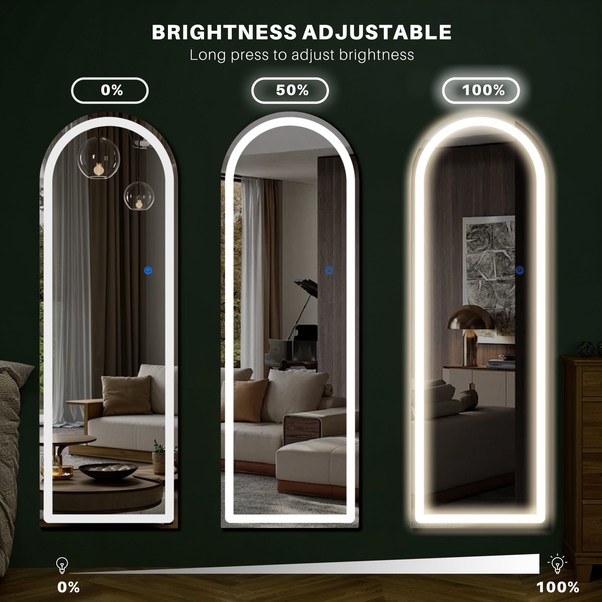 ACCVER 21"x64" Full Length Standing Mirror w/LED Lights - 3 Color Modes, Durable Aluminum Frame & Tempered Glass, Lean-to or Wall Mount for Bedroom/Dressing Room/Living Room, Arched