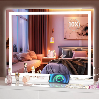 LIFERECORD Lighted Makeup Mirror, 19"*22" Vanity Mirror with LED, 10X Magnification, 3 Lighting Modes, Dimmable Touch Control, USB Charging Port for Desk, Dorm, Bedroom