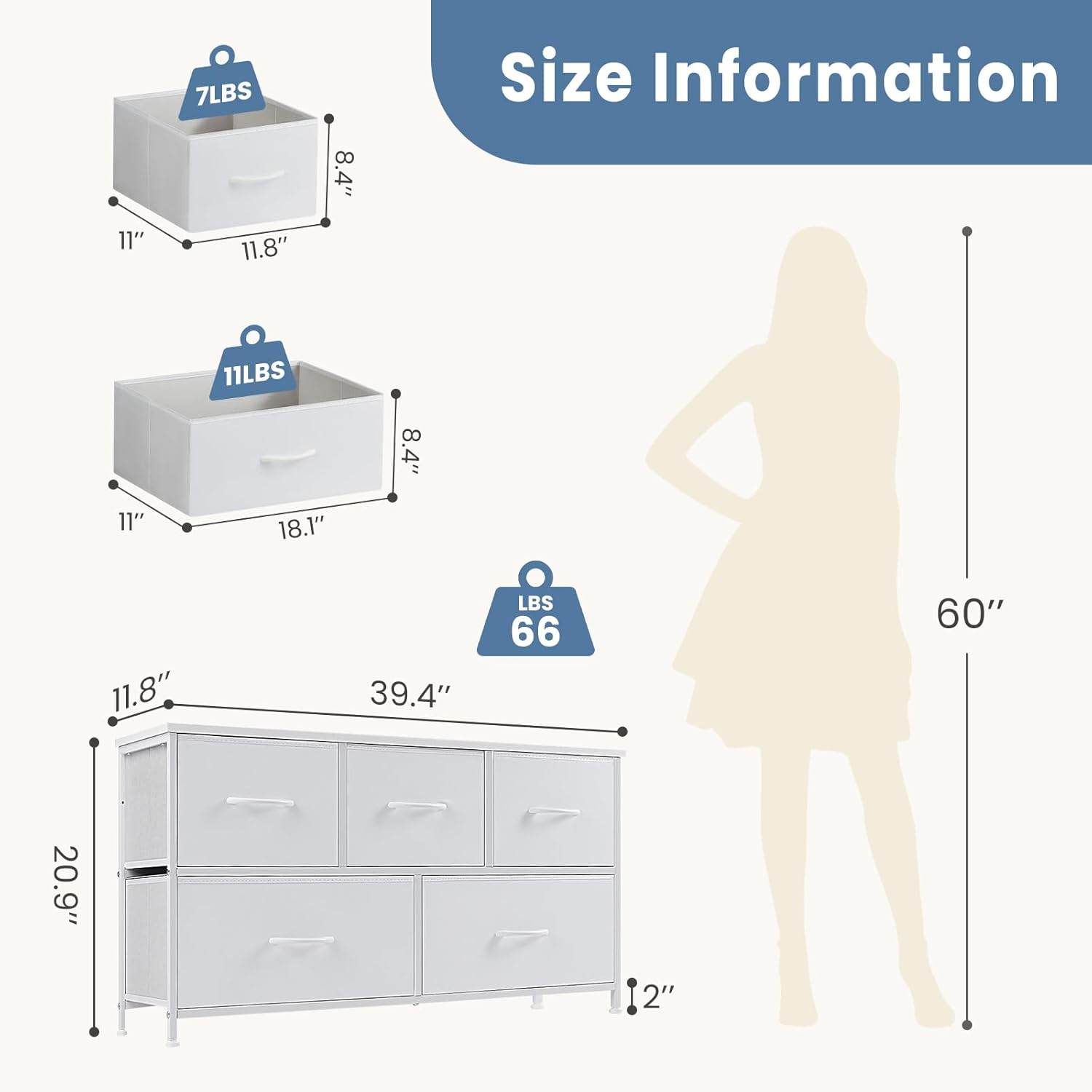 My Depot Dresser with 5 Fabric Drawers 
Size Information