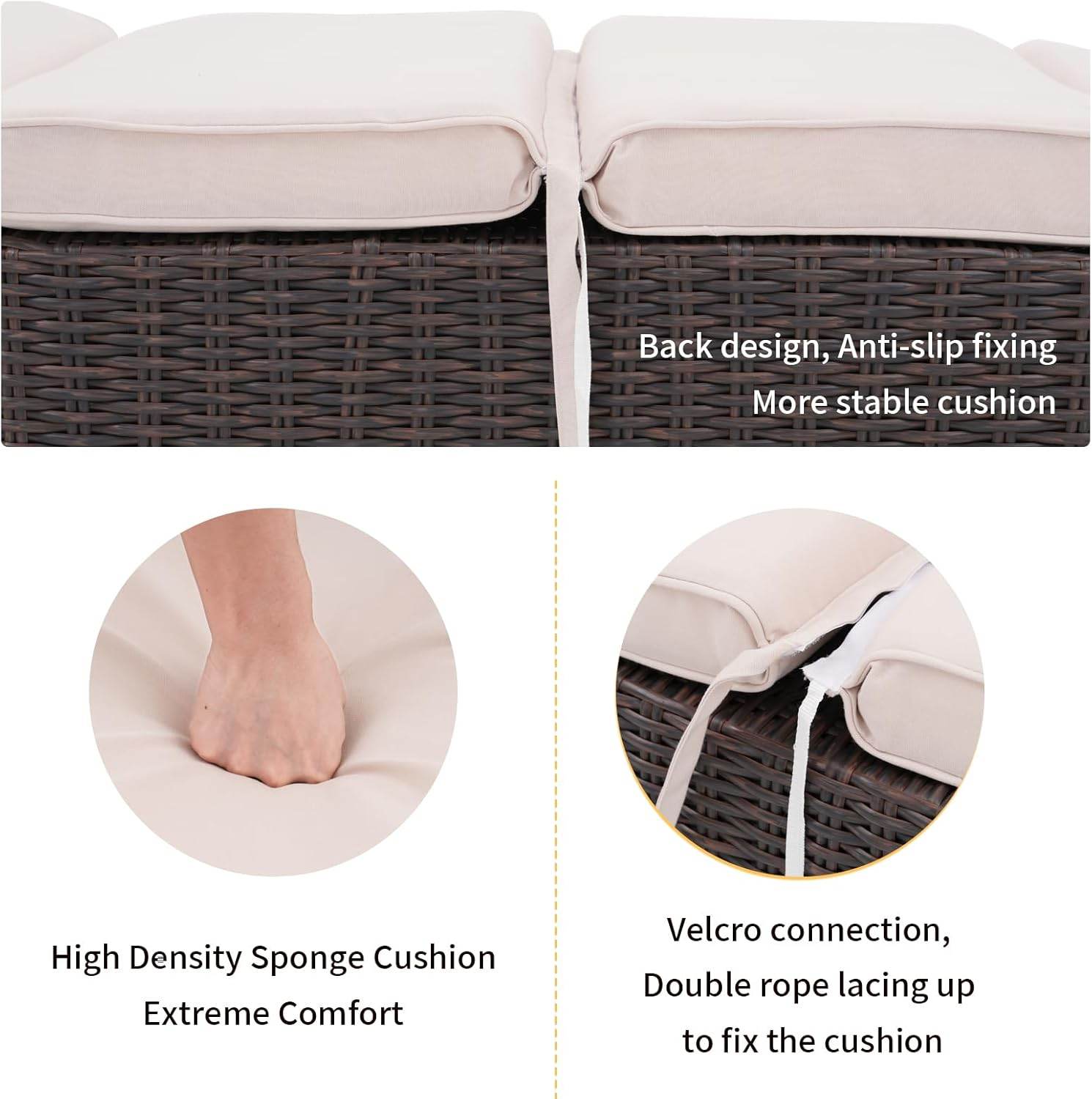 My Depot Outdoor Lounge Chair PE Wicker Rattan Backrest Pool Lounge Chair 
Back design, Anti-slip fixingMore stable cushion
High Density Sponge Cushion
Extreme Comfort
Velcro connection,Double rope lacingupto fix the cushion