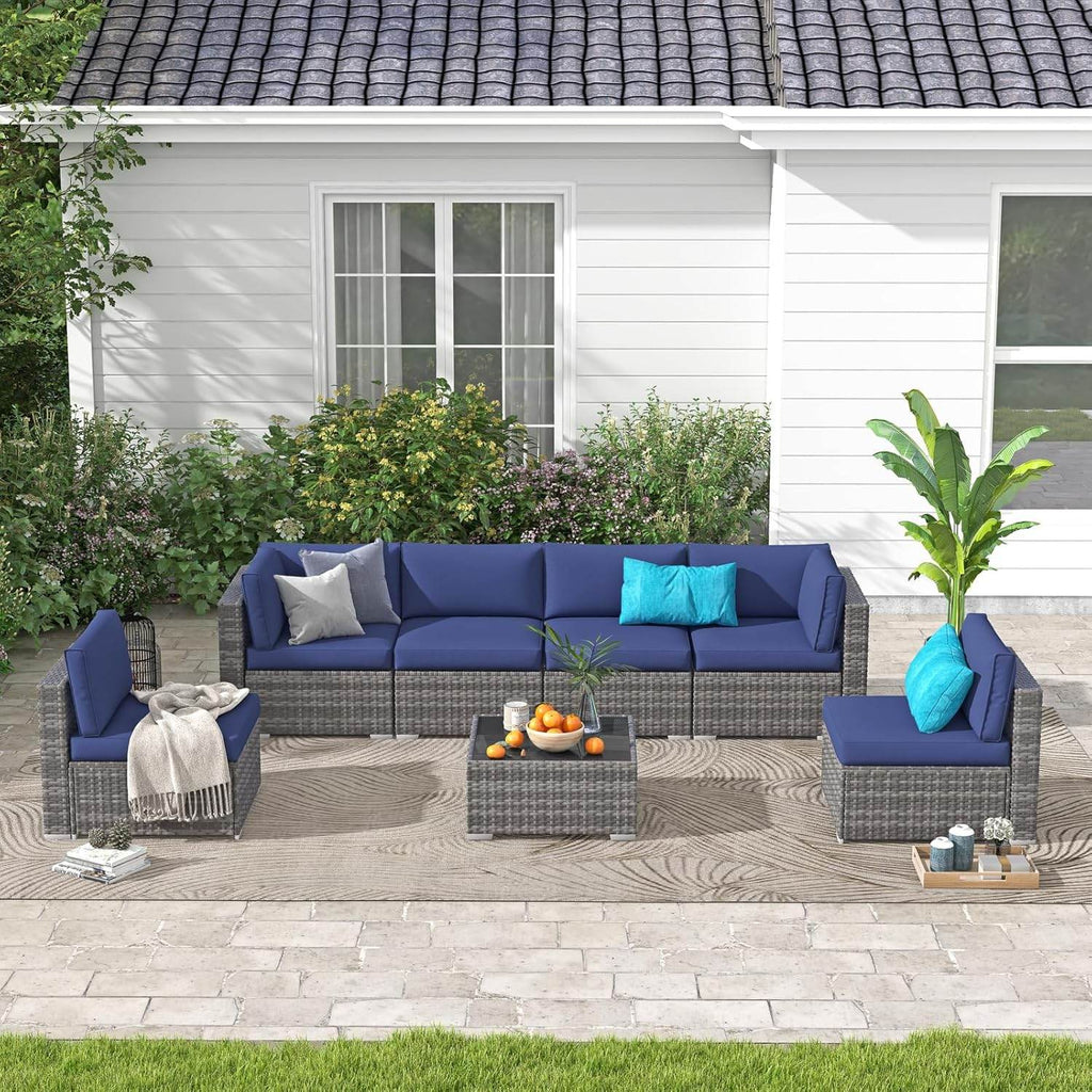 My Depot Outdoor Rattan Sofa 7-Piece Set with Tempered Glass Table and Mat for Deck, Backyard, Porch, Lawn, Garden - My Depot