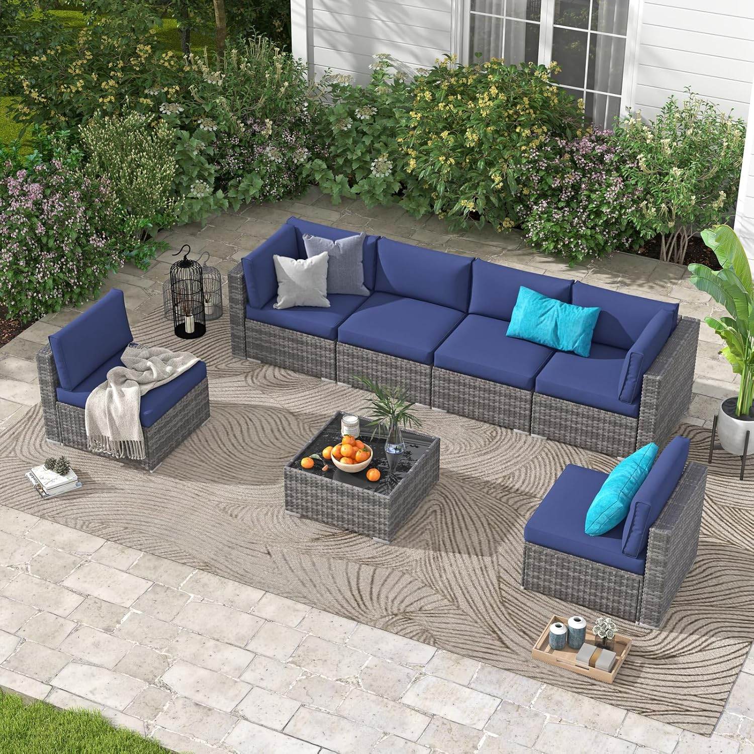 My Depot Outdoor Rattan Sofa 7-Piece Set with Tempered Glass Table and Mat for Deck, Backyard, Porch, Lawn, Garden - My Depot