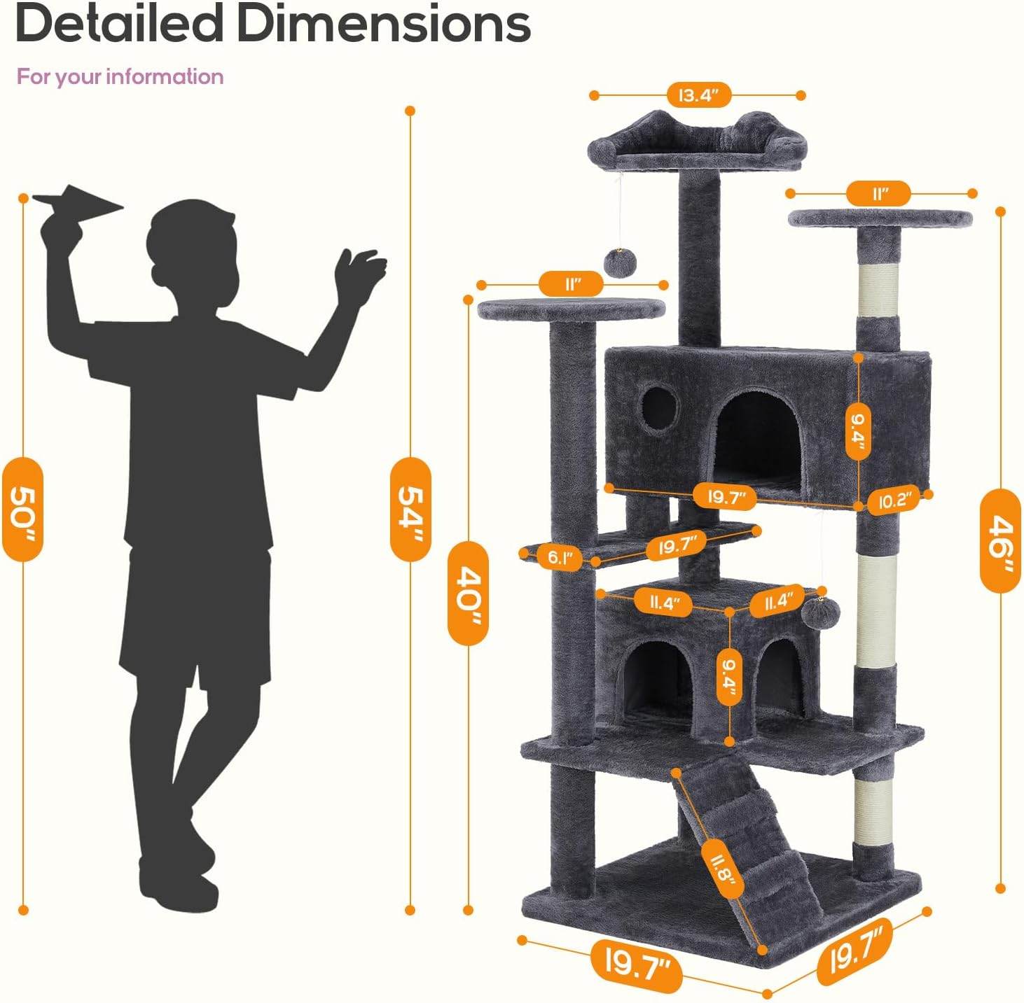 Cat Climbing Frame 54 Inch Cat Tower for Indoor Cats with Scratching Post, Cat Playhouse, Large Cat Condo