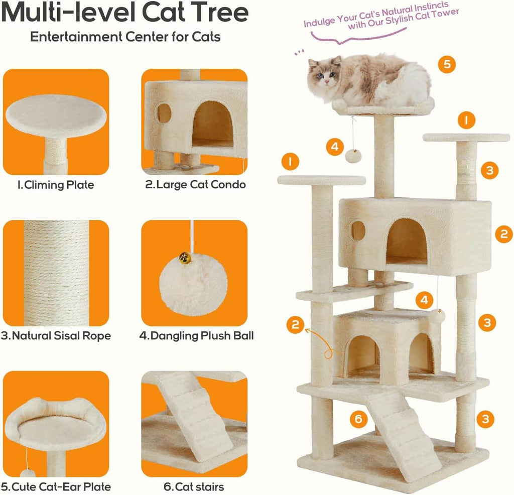 Cat Climbing Frame 54 Inch Cat Tower for Indoor Cats with Scratching Post, Cat Playhouse, Large Cat Condo