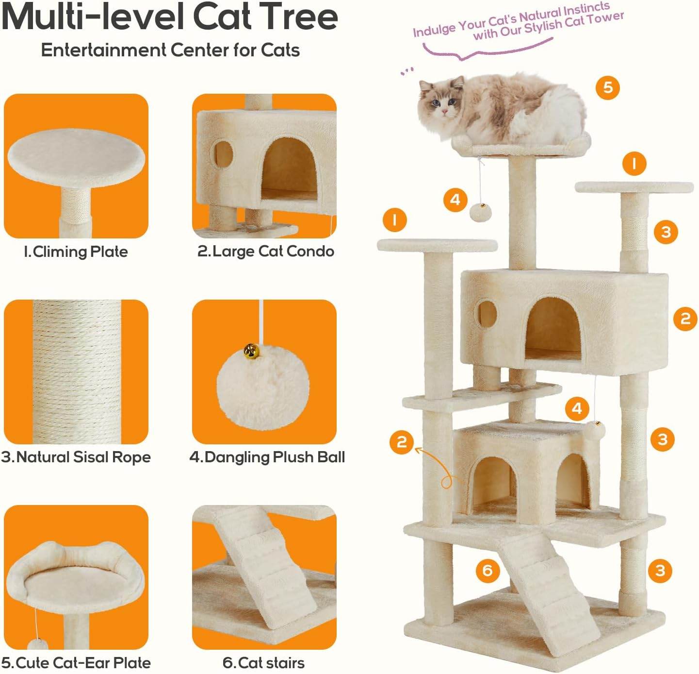 Cat Climbing Frame 54 Inch Cat Tower for Indoor Cats with Scratching Post, Cat Playhouse, Large Cat Condo
