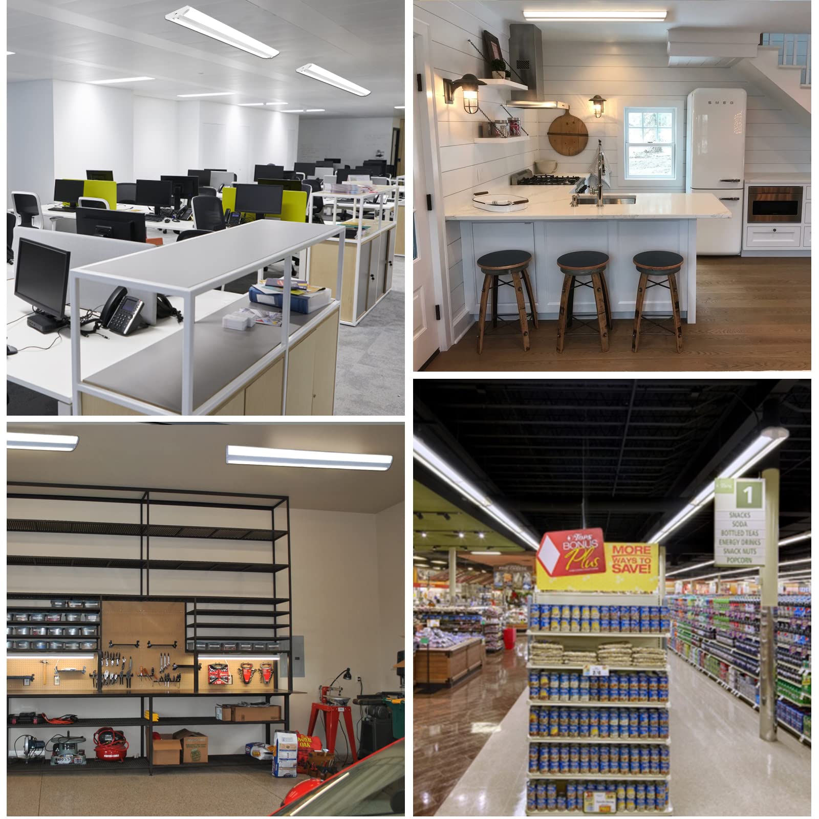 Ceiling Lights 4FT Ultra Slim LED Wraparound Light with 3 Wattages/3 Lumens/3 CCT Selectable,55W/65W/75W,5500lm/6500lm/7500lm,3000K/4000K/5000K 4 Foot Flush Mount Ceiling Light for Office Kitchen,ETL,4 Pack