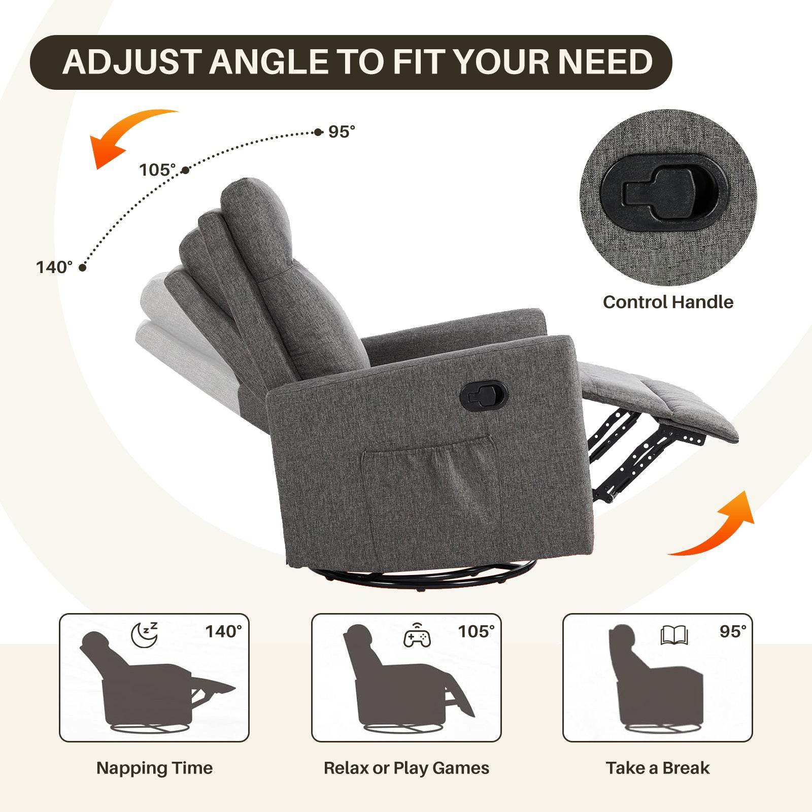 Swivel Recliner with Oversized Footrest, High Back, Deep Cushioned Seat for Living Room