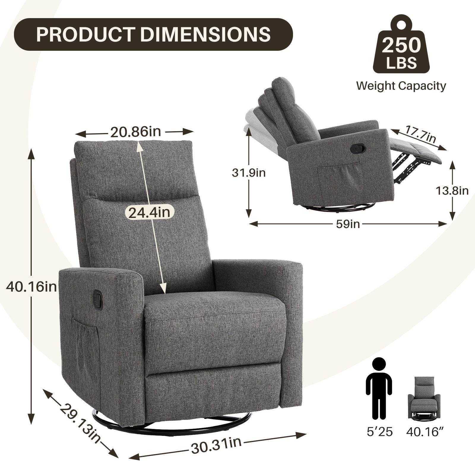 Swivel Recliner with Oversized Footrest, High Back, Deep Cushioned Seat for Living Room