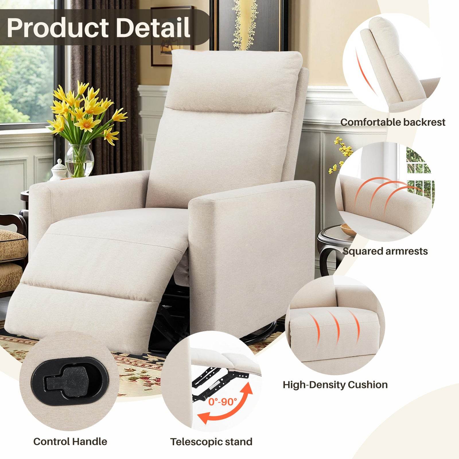 Swivel Recliner with Oversized Footrest, High Back, Deep Cushioned Seat for Living Room