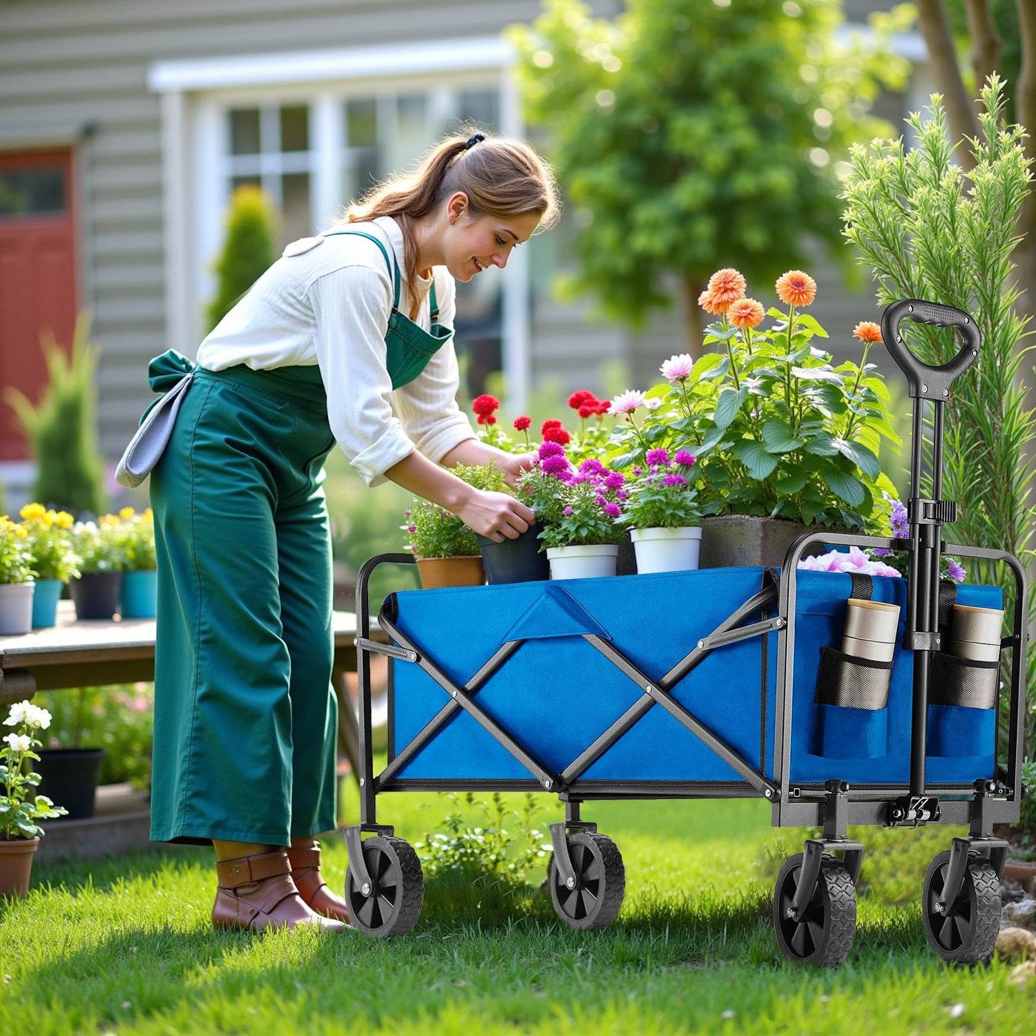 Collapsible Foldable Wagon Cart, Large Capacity Garden Beach Cart with All-Terrain Wheels, Heavy Duty Utility Grocery Wagon with Drink Holders for Shopping Sports Camping