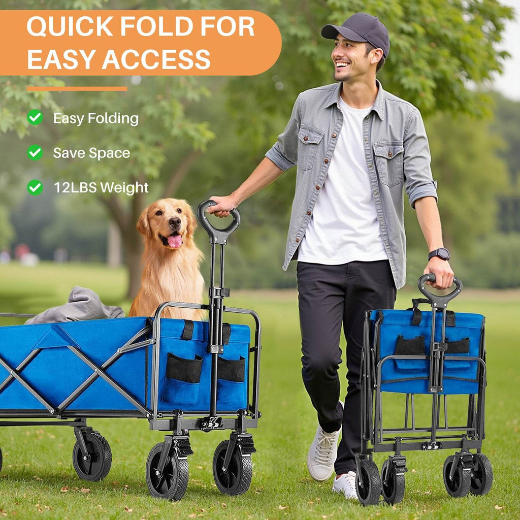 Collapsible Foldable Wagon Cart, Large Capacity Garden Beach Cart with All-Terrain Wheels, Heavy Duty Utility Grocery Wagon with Drink Holders for Shopping Sports Camping