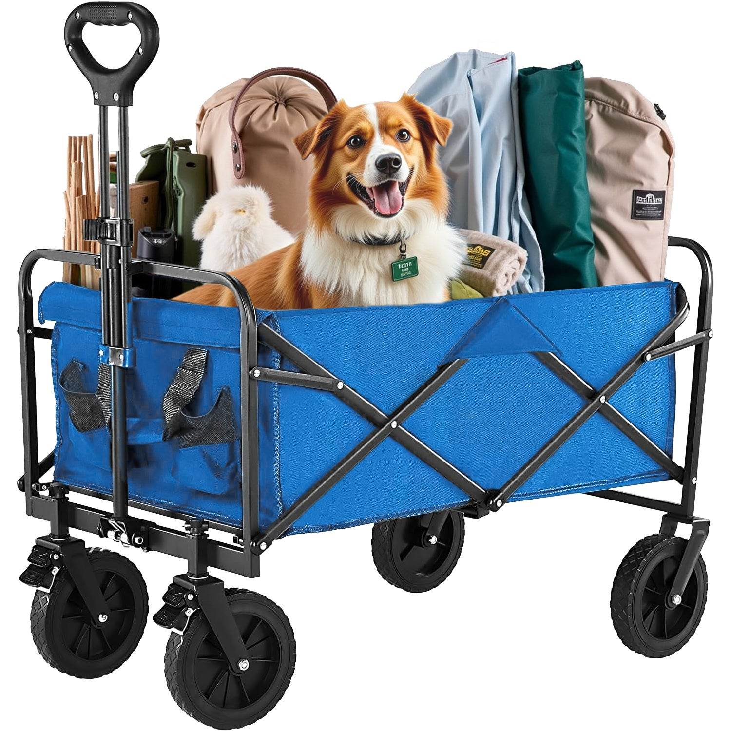 Collapsible Foldable Wagon Cart, Large Capacity Garden Beach Cart with All-Terrain Wheels, Heavy Duty Utility Grocery Wagon with Drink Holders for Shopping Sports Camping