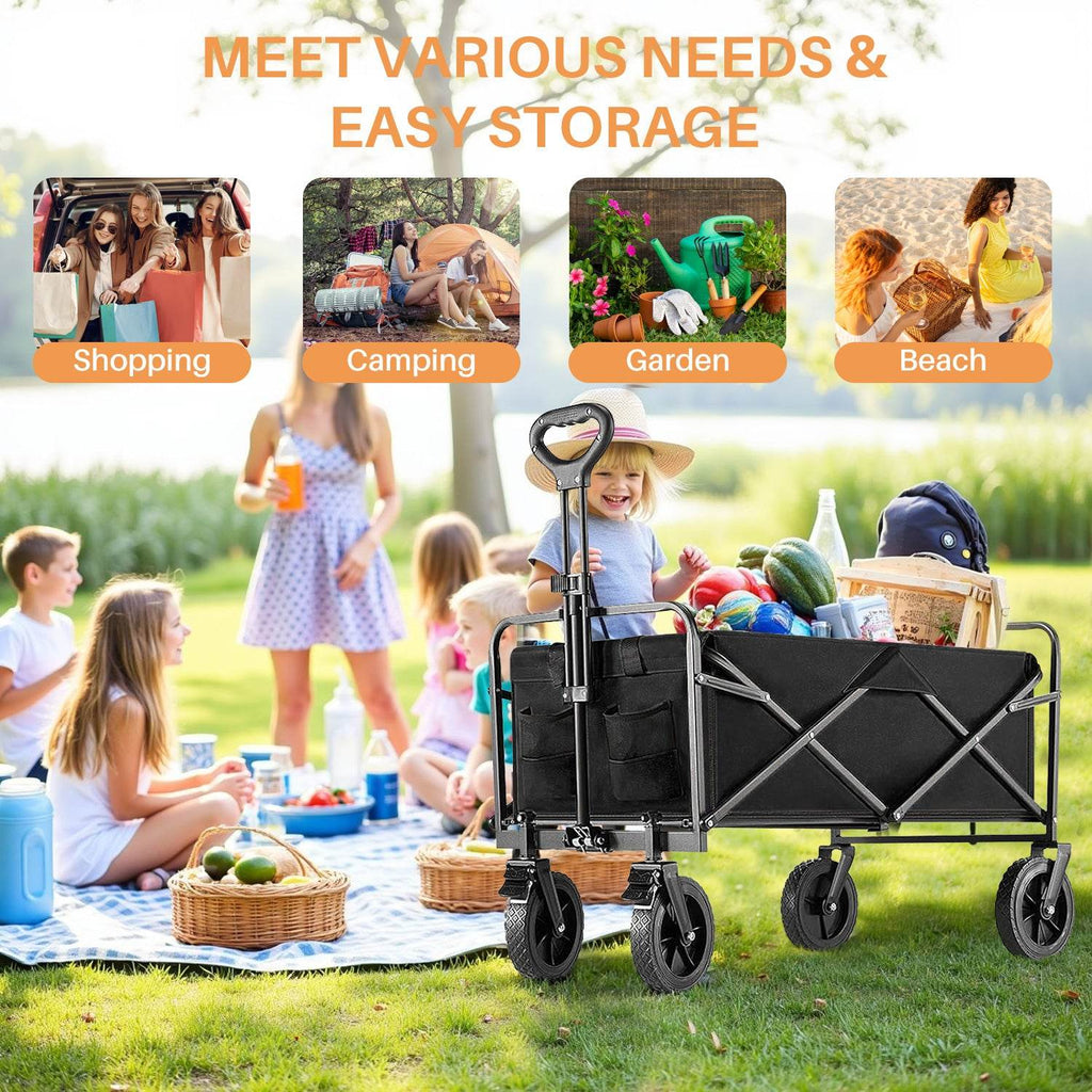 Collapsible Foldable Wagon Cart, Large Capacity Garden Beach Cart with All-Terrain Wheels, Heavy Duty Utility Grocery Wagon with Drink Holders for Shopping Sports Camping